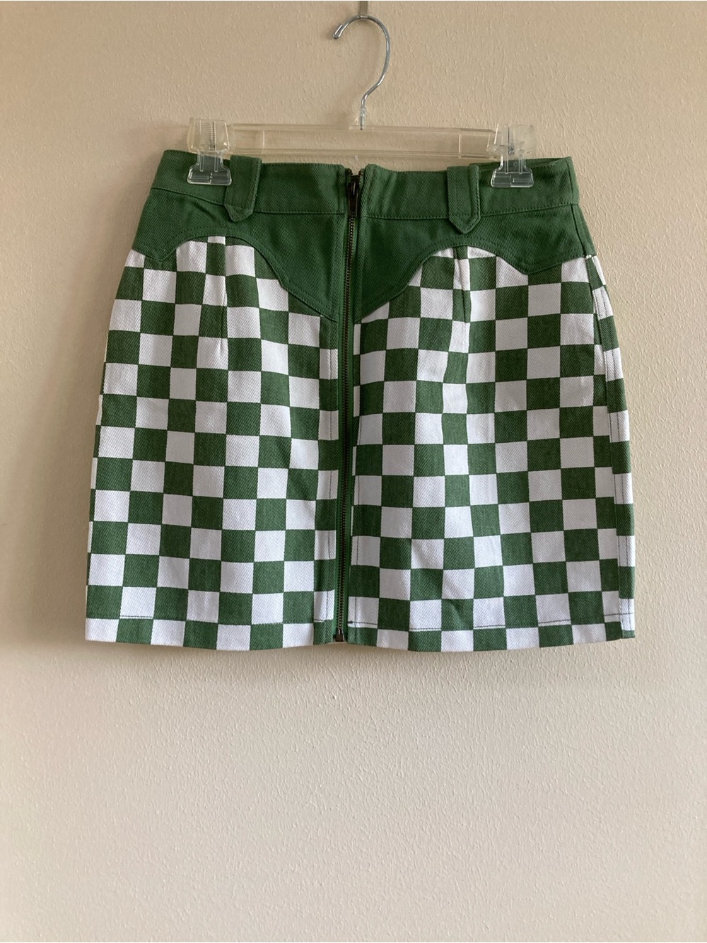 Blue Blush Green and White Checkered Zip-Front Woman’s Mini Skirt.